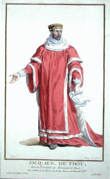 Jacques Auguste de Thou (1533-1617) a „Receuil des Estampes, Representant des Rangs et les Dignites, az összes létező nemzet viselete szerint” című művéből, 1780-ban (kézzel színezett metszet) alkotó: Pierre Duflos