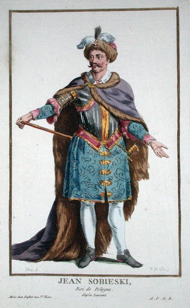 III. Sobiewski János (1629-96) lengyel király a „Receuil des Estampes-ből, a rangokat és a dignitákat képviselő, az összes létező nemzet viselete szerint”, 1780-ban megjelent (kézzel színezett metszet) alkotó: Pierre Duflos