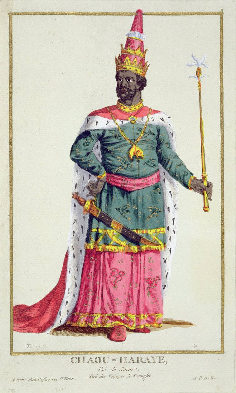 Chau-Haraye sziámi király a "Receuil des Estampes, Representant les Rangs et les Dignites, suivant le Costume de toutes les Nations existantes" című, 1780-ban megjelent kiadványból (kézzel színezett metszet). alkotó: Pierre Duflos