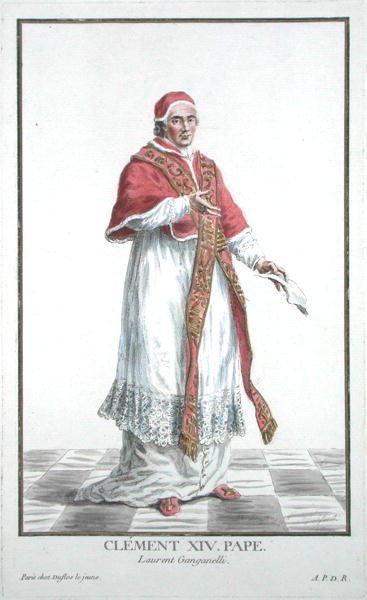 Lorenzo Ganganelli (1705-74) XIV. Kelemen pápa (1769-74) a Receuil des Estampes-ből, a rangokat és a méltóságokat képviselő, az összes létező nemzet viselete szerint, 1780-ban megjelent (kézzel színezett metszet) alkotó: Pierre Duflos
