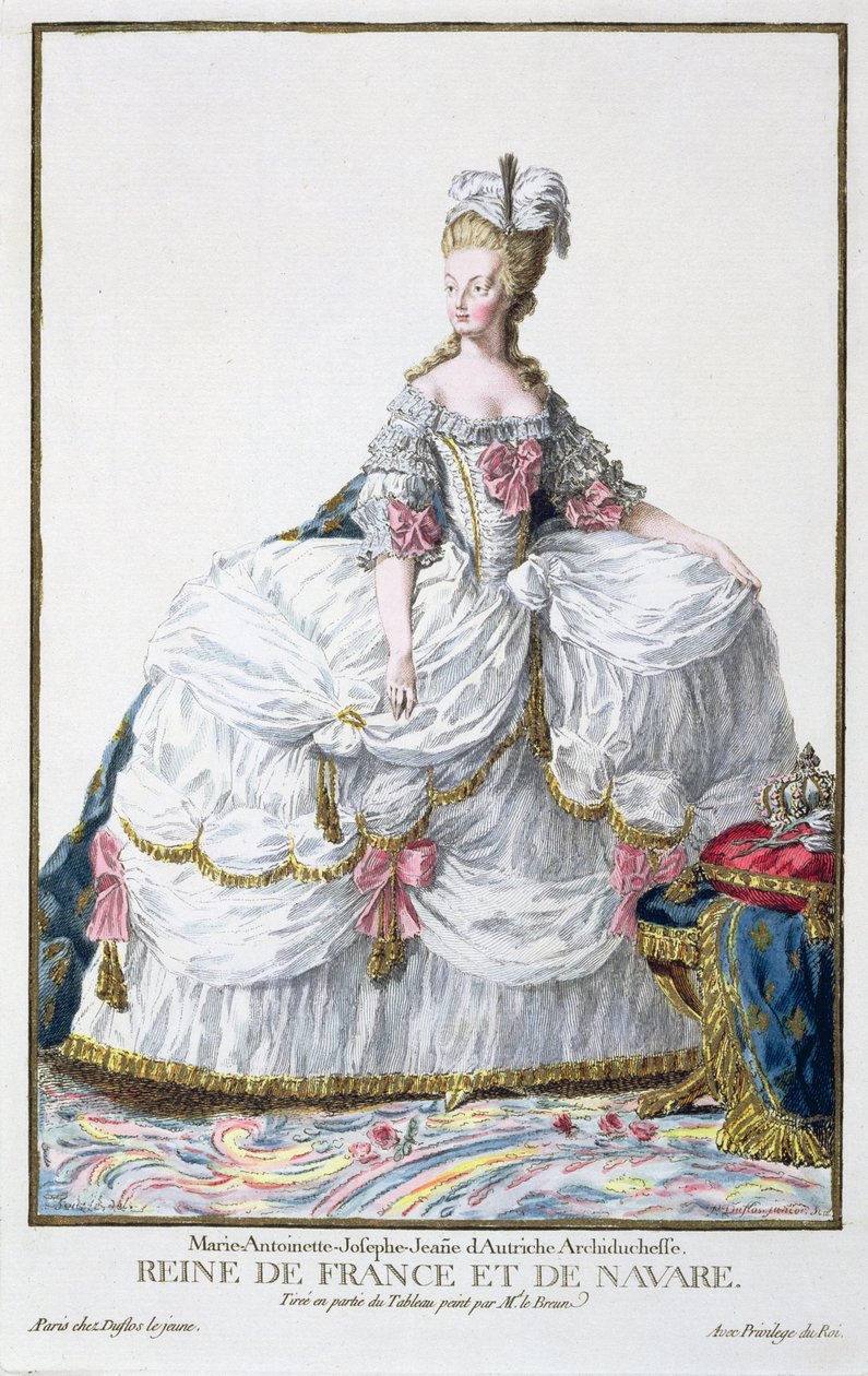 Marie Antoinette (1752-93) a Receuil des Estampesből, a rangokat és a méltóságokat képviselő, az összes létező nemzet viselete szerint, 1780-ban (kézzel színezett metszet) alkotó: Pierre Duflos