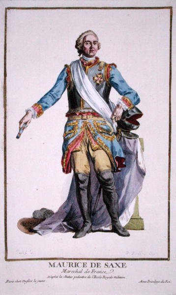 Maurice of Saxony (1696-1750) a "Receuil des Estampes, Representant les Rangs et les Dignites, suivant le Costume de toutes les Nations existantes" című, 1780-ban megjelent kiadványból (kézzel színezett metszet). alkotó: Pierre Duflos