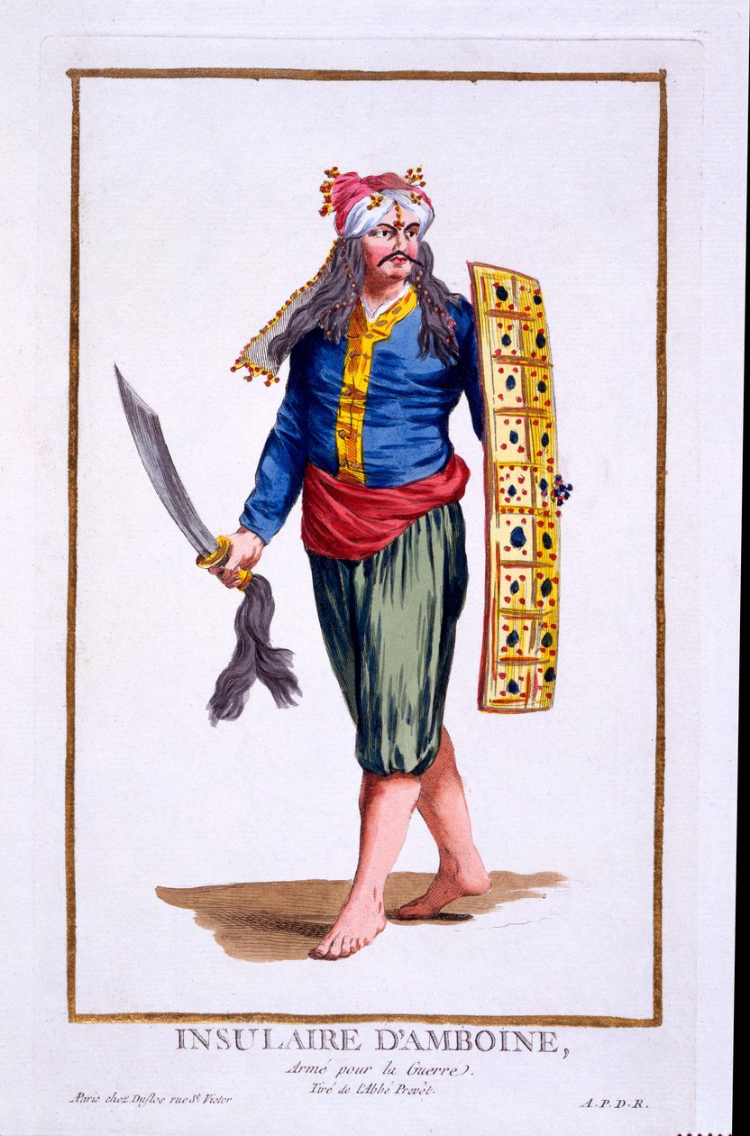Amboine szigetének őslakosai, háborúra felfegyverkezve, a „Recuil des Estampes, Representant les Rangs et des Dignités, a Costume of All Existing Nations szerint”, 1780-ban jelent meg (kézzel színezett e alkotó: Pierre Duflos