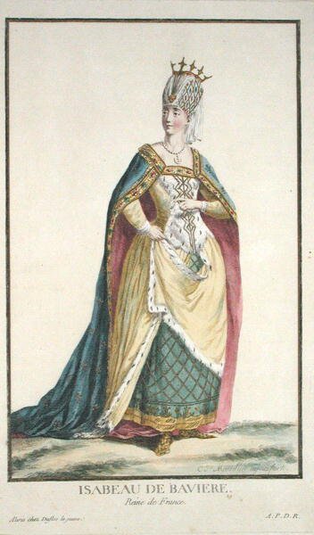 Izabella bajor királynő (1371-1435) a „Recueil des Estampesből, a rangokat és a méltóságokat képviselő, az összes létező nemzet viselete szerint”, 1780-ban megjelent (kézzel színezett metszet) alkotó: Pierre Duflos