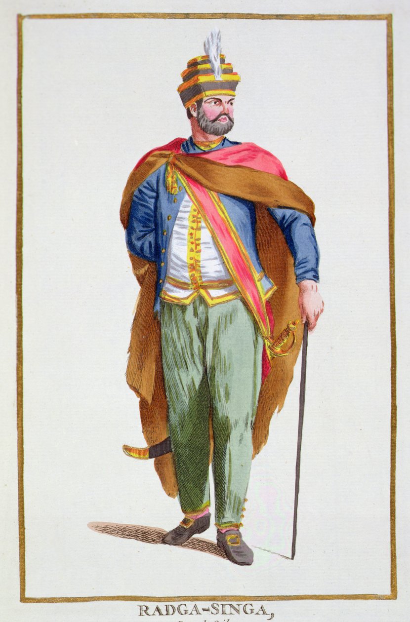 Raja-Singa ceyloni király a "Receuil des Estampes, Representant les Rangs et les Dignites, suivant le Costume de toutes les Nations existantes" című, 1780-ban megjelent kiadványból (kézzel színezett metszet). alkotó: Pierre Duflos