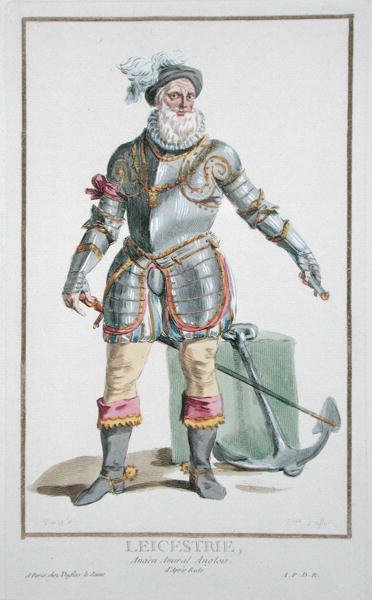 Robert Dudley (1533-88) Leicester grófja a „Receuil des Estampes, rangokat és méltóságokat képviselő, az összes létező nemzet viselete szerint” című művéből, 1780-ban (kézzel színezett metszet) alkotó: Pierre Duflos
