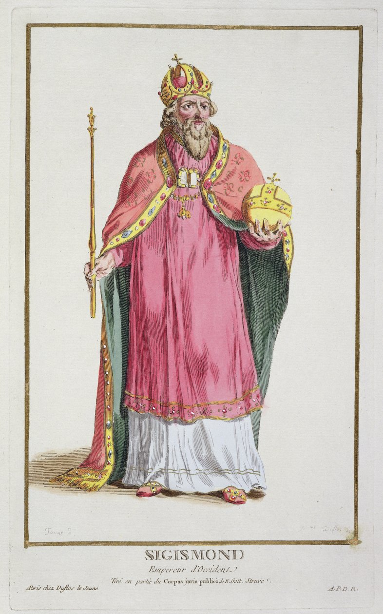 Zsigmond (1368-1437) Szent-római császár (1433-37) a Receuil des Estampes-ből, a rangokat és a dignitákat képviselő, az összes létező nemzet viselete szerint, 1780-ban (kézzel színezett) alkotó: Pierre Duflos