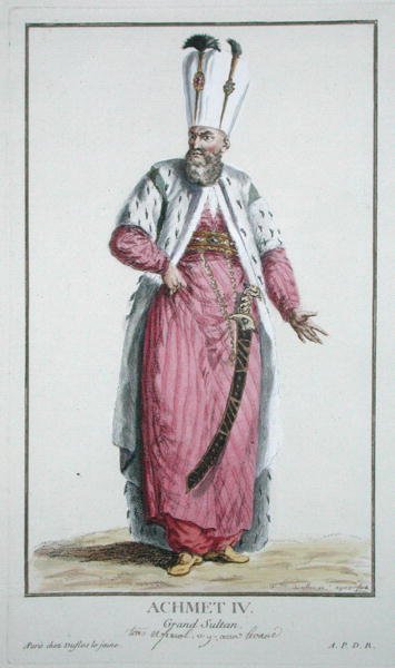 IV. Achmet szultán (r.1603-17) a Receuil des Estampes-ből, a rangokat és a méltóságokat képviselő, az összes létező nemzet viselete szerint, 1780-ban (kézzel színezett metszet) alkotó: Pierre Duflos