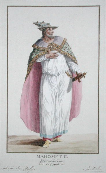 II. Mahomet szultán (1432-81) a Receuil des Estampesből, a rangokat és a méltóságokat képviselő, az összes létező nemzet viselete szerint, 1780-ban (kézzel színezett metszet) alkotó: Pierre Duflos