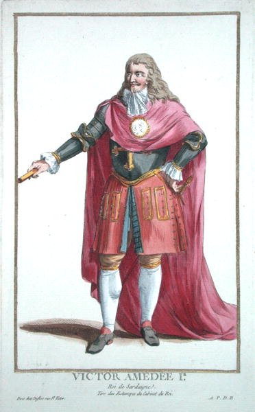 II. Viktor Amadeus (1666-1732) a Receuil des Estampes-ből, a rangokat és a méltóságokat képviselő, az összes létező nemzet viselete szerint, 1780-ban (kézzel színezett metszet) alkotó: Pierre Duflos
