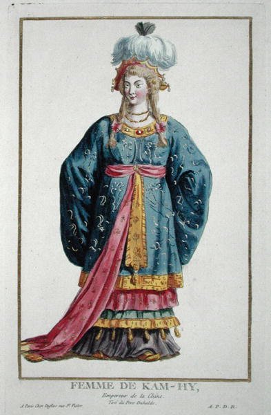 A Recueil des Estampes-ből származó Kang Tsi felesége, aki a rangokat és a méltóságokat képviseli, az összes létező nép viselete szerint, 1780-ban (kézzel színezett metszet) alkotó: Pierre Duflos