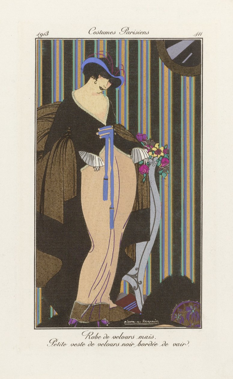 Bársonyruha tervezése, Costumes Parisien, pub.1913 (pochoir Print) alkotó: Pierre E. Legrain
