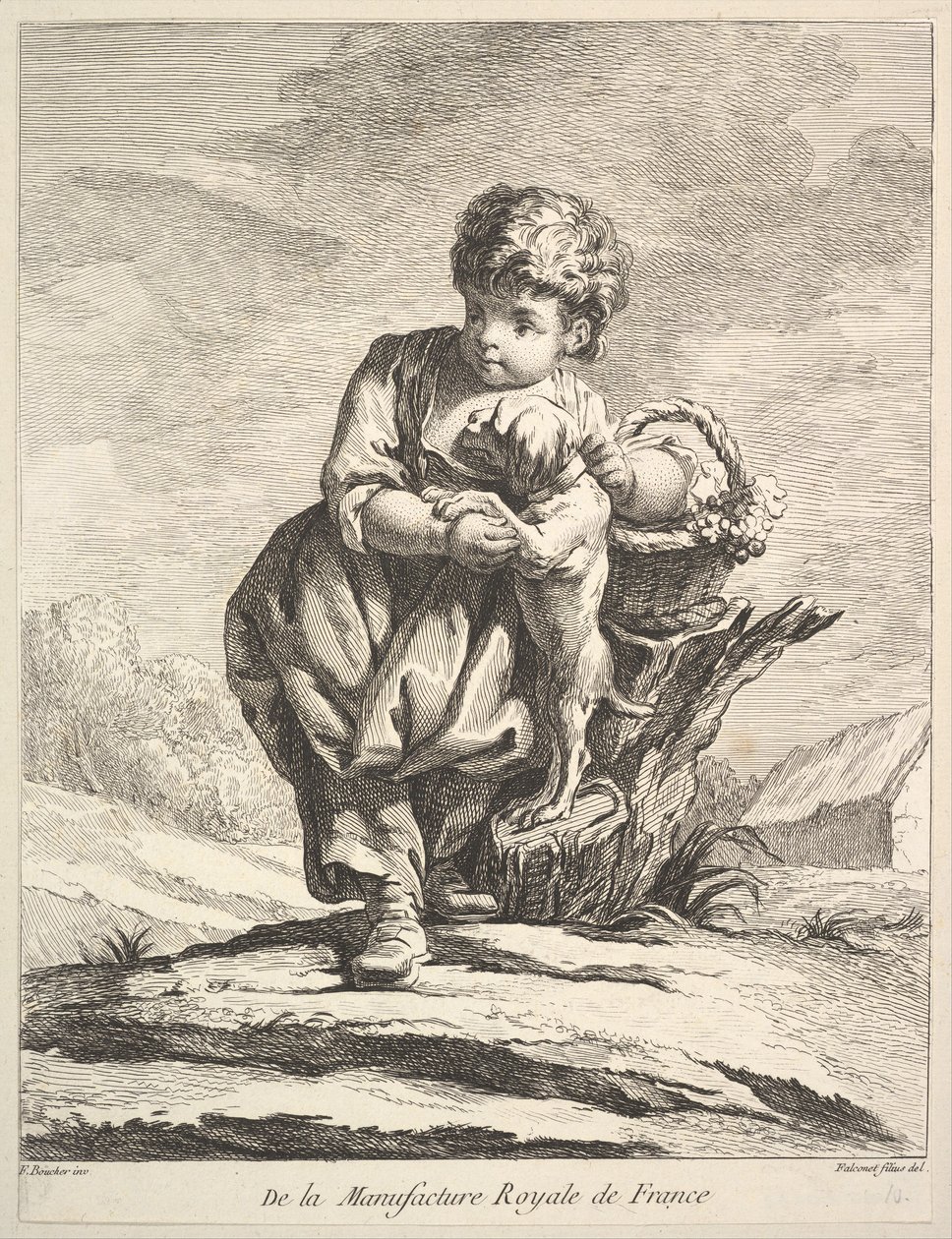 Gyermek kutyával, kezében szőlőkosár, Premier Livre de Figures daprès les po..., 1757. alkotó: Pierre Etienne Falconet