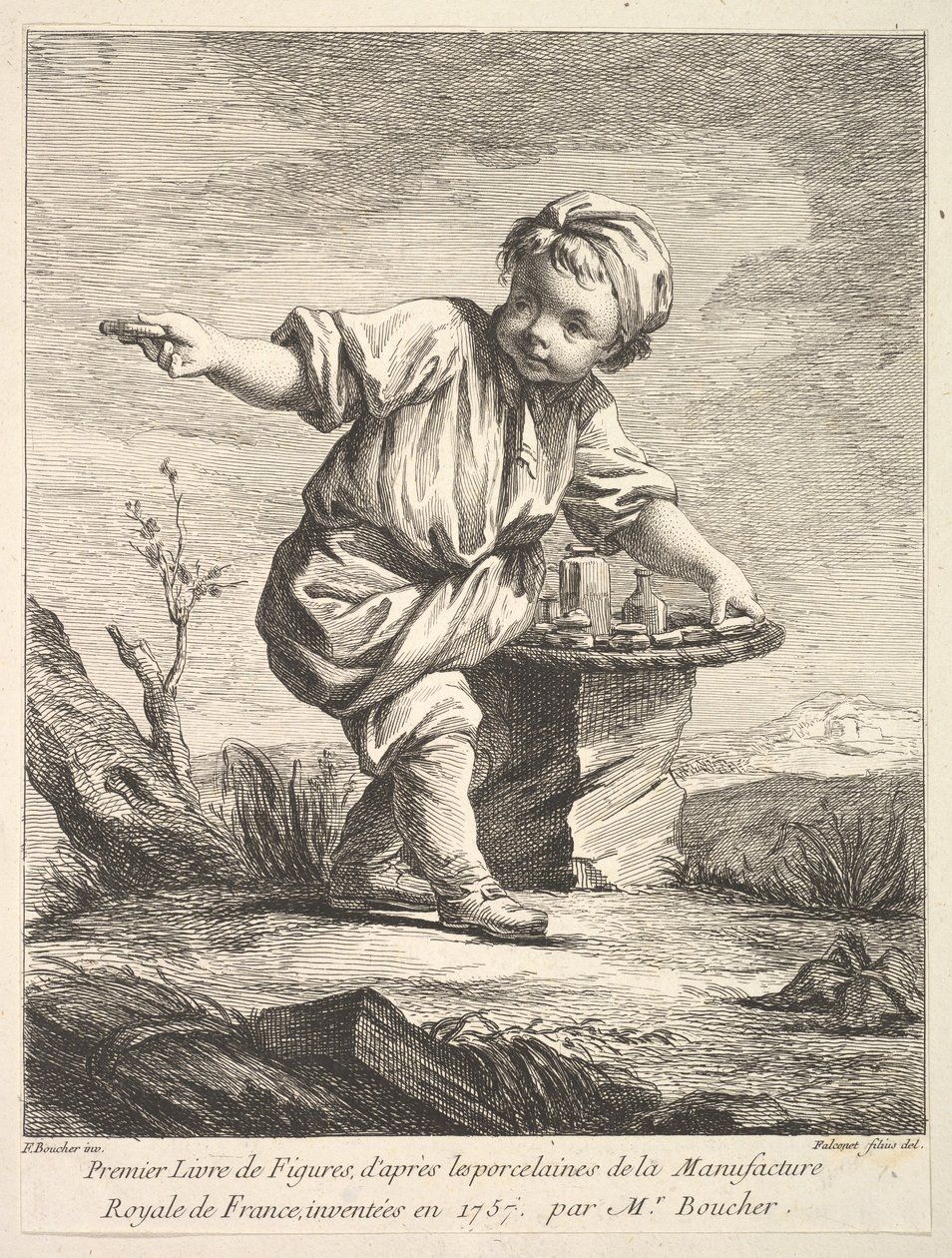 Előlap kosarat tartó kisfiúval, Premier Livre de Figures daprès les po..., 1757. alkotó: Pierre-Etienne Falconet