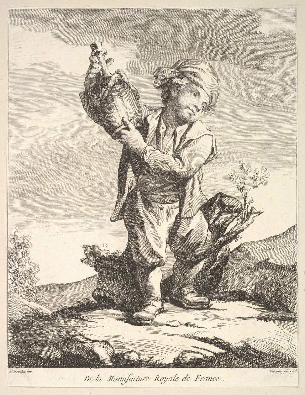 Edényt tartó kisfiú, a M... porcelánjai utáni első ábrakönyvből, 1757. alkotó: Pierre Etienne Falconet