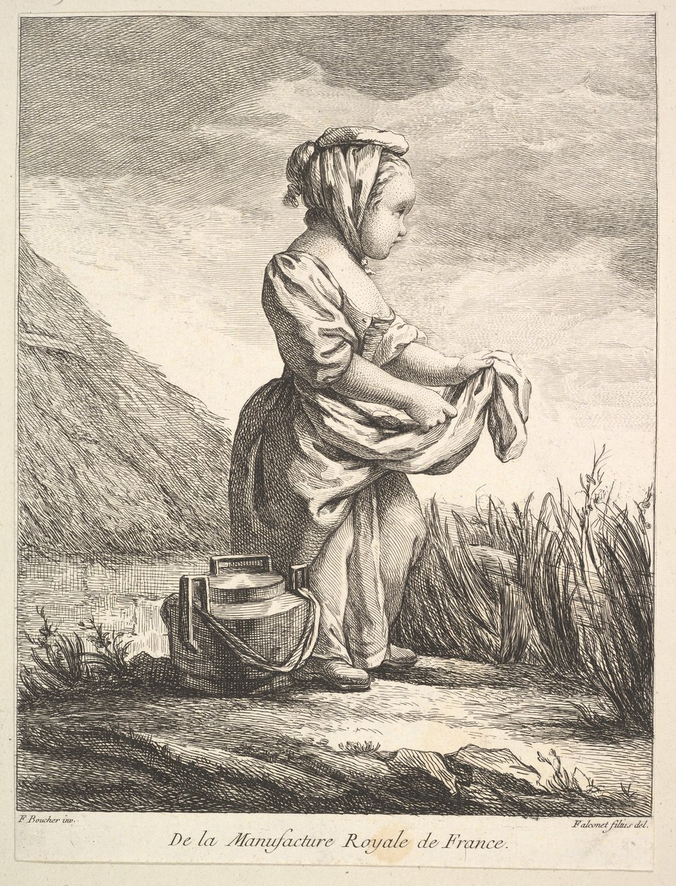 Kislány edénnyel a lábánál, Premier Livre de Figures daprès les porcelain..., 1757-ből. alkotó: Pierre Etienne Falconet