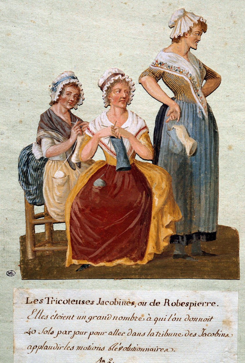 Francia forradalom: jakobinus kötők vagy Robespierre. Pénzt adtunk ezeknek a nőknek, hogy elmenjenek a Jacobin Clubba. Pierre Etienne Lesueur gouache (aktív 1791-1810 körül) alkotó: Pierre Etienne Lesueur