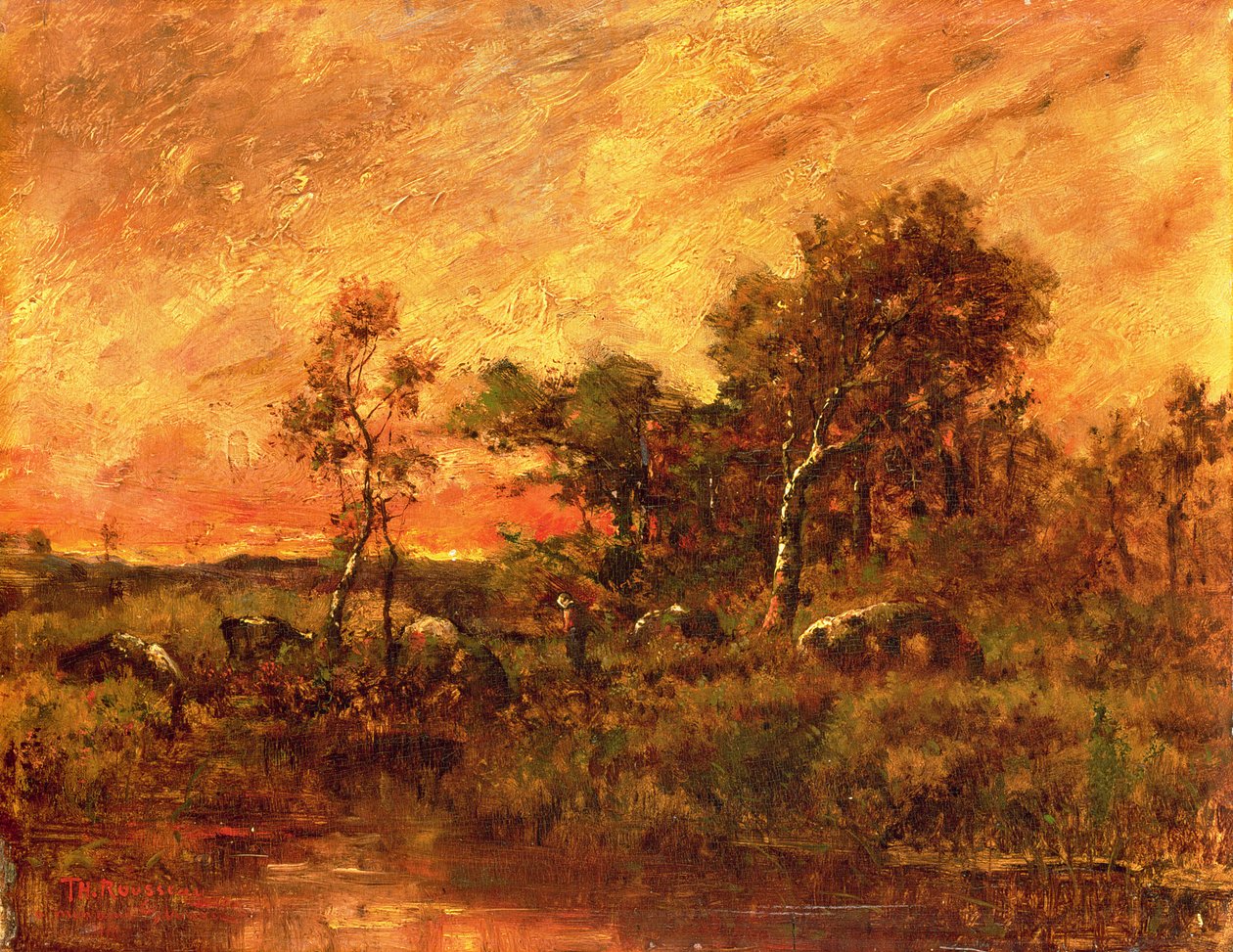 Erdős táj gallygyűjtővel, 19. század alkotó: Pierre Etienne Theodore Rousseau