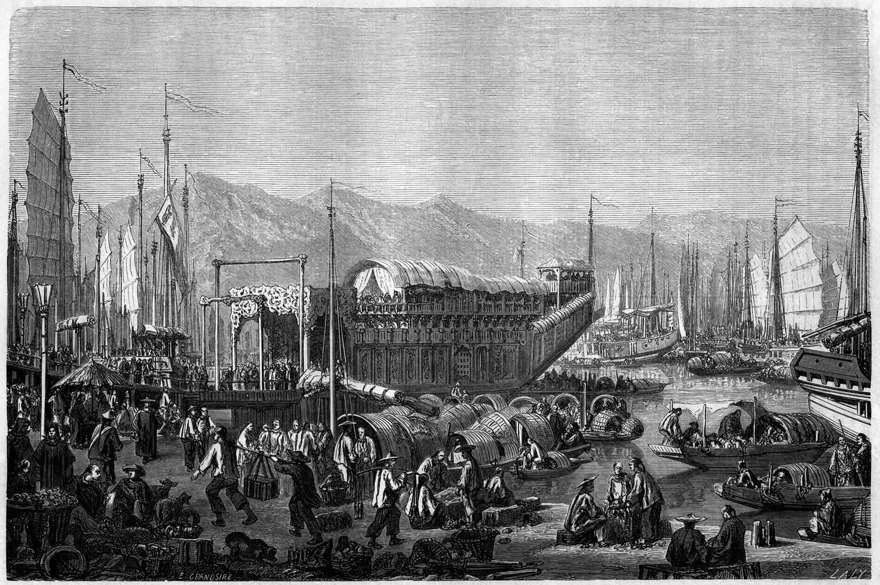 Boat des Fleurs, étterem és szórakozóhely Sanghaj kikötőjében 1860-ban, Kínában. Grandsire metszete, a „Le Tour du Monde, Nouveau Journal des Voyages” című kiadványban, szerkesztette: Edouard Charton, Párizs alkotó: Pierre Eugene Grandsire
