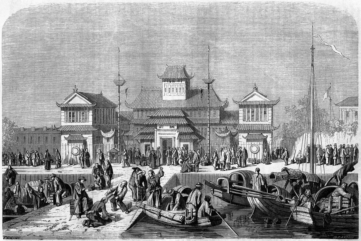 Vámnézet a sanghaji kikötőben 1860-ban, Kína. Grandsire metszete, a „Le Tour du Monde, Nouveau Journal des Voyages” című kiadványban, szerkesztette: Edouard Charton, Párizs alkotó: Pierre Eugene Grandsire