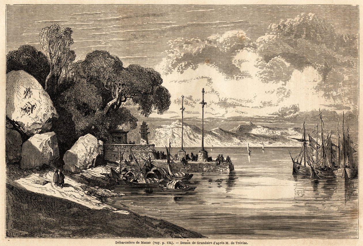 A Barcadere de Macau, Grandsire rajza M.de Moge 1857-1858-as Kínába és Japánba tett utazásának illusztrálására. Metszet a „” A világ körül, új utazási napló”” Párizsban alkotó: Pierre Eugene Grandsire