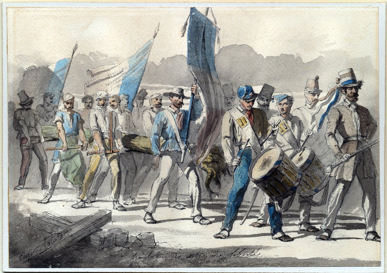 ""Szabadságfa ültetése Franciaországban 1848-ban" (The Planting of a Tree of a Liberty Tree in France, 1848) Pierre-Eugene Lacoste (1818-1908) akvarellje 1848 Méret: 24x34 cm Magángyűjtemény alkotó: Pierre Eugène Lacoste