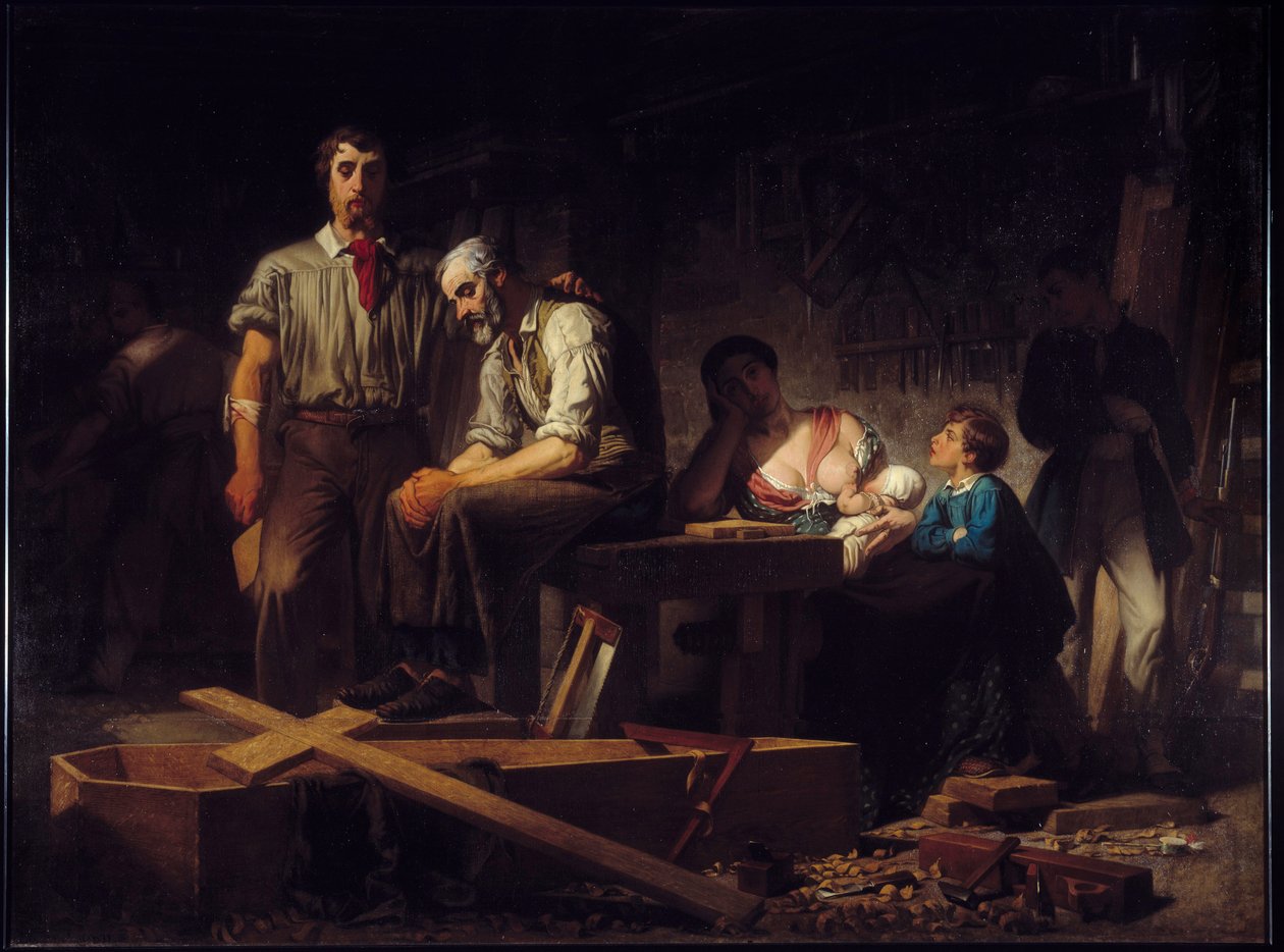 1848-as forradalom: „Az 1848. februári felkelés utáni első munka”” Az 1848. februári napokon elhunyt áldozatok családjainak szomorúsága. Pierre Eugene Lacoste (1818-1908) festménye 1850 V. 2,7x3,66 m Marseille, Musee des Beaux Arts. alkotó: Pierre Eugène Lacoste