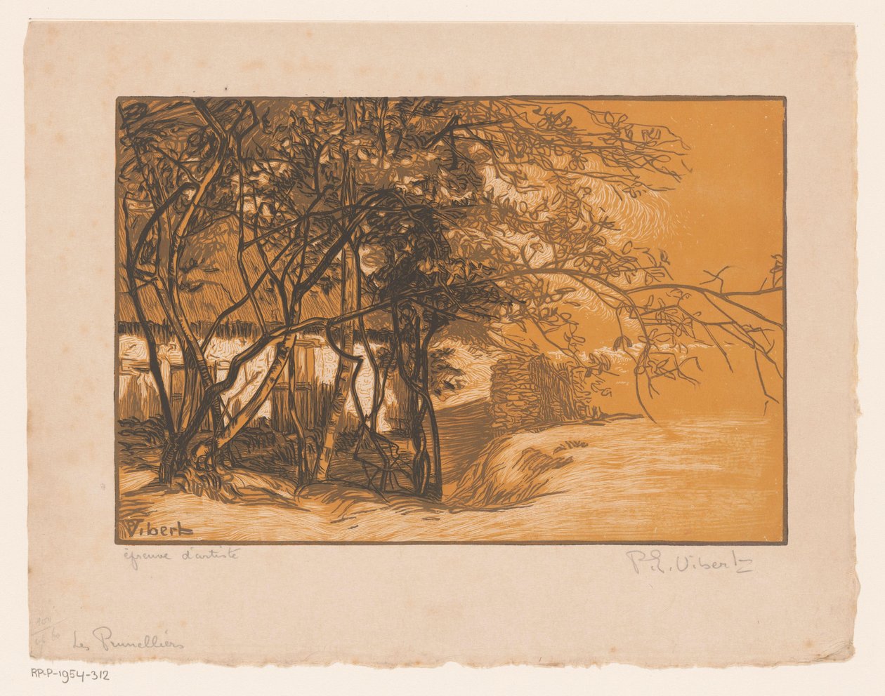 Táj egy farm a fák mögött Les Prunelliers (cím az objektumon) alkotó: Pierre Eugène Vibert (signed by artist)