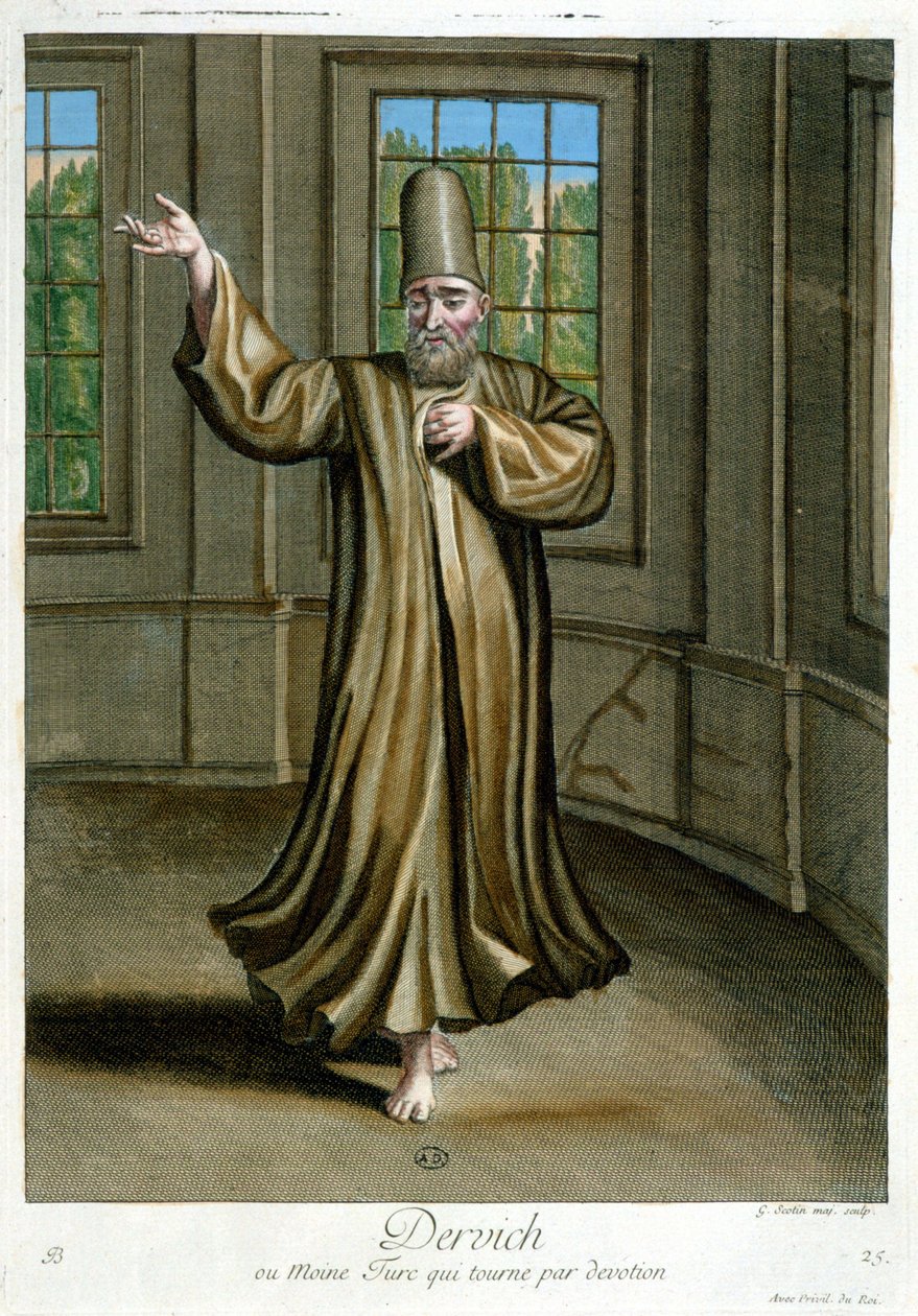Dervich, avagy odaadóan táncoló török szerzetes, „100 levente különböző nemzeteit ábrázoló gyűjtemény 1707-ben és 1708-ban” M. de Frriol, a király portai nagykövetének parancsára, és 1712-1313-ban frissítette. M. Le Hay, Bas alkotó: Pierre François Basan