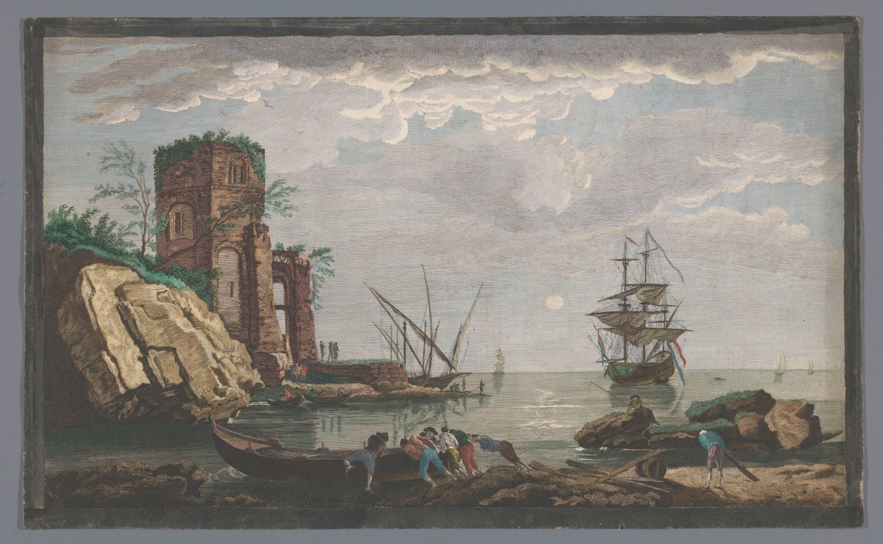 Kilátás a tengerpartra Toulon városa közelében a holdfényben Vüe ​​des environs de Toulon (cím a tárgyon) alkotó: Pierre François Basan
