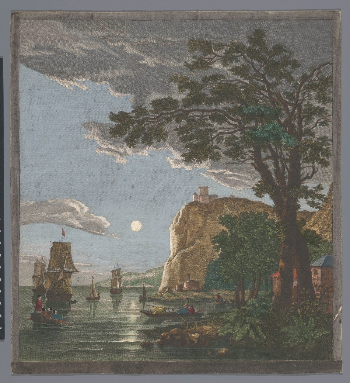 Kilátás a tengerpartra, hajókkal és csónakokkal a vízen a holdfényben La pleine lune (cím a tárgyon) alkotó: Pierre François Basan