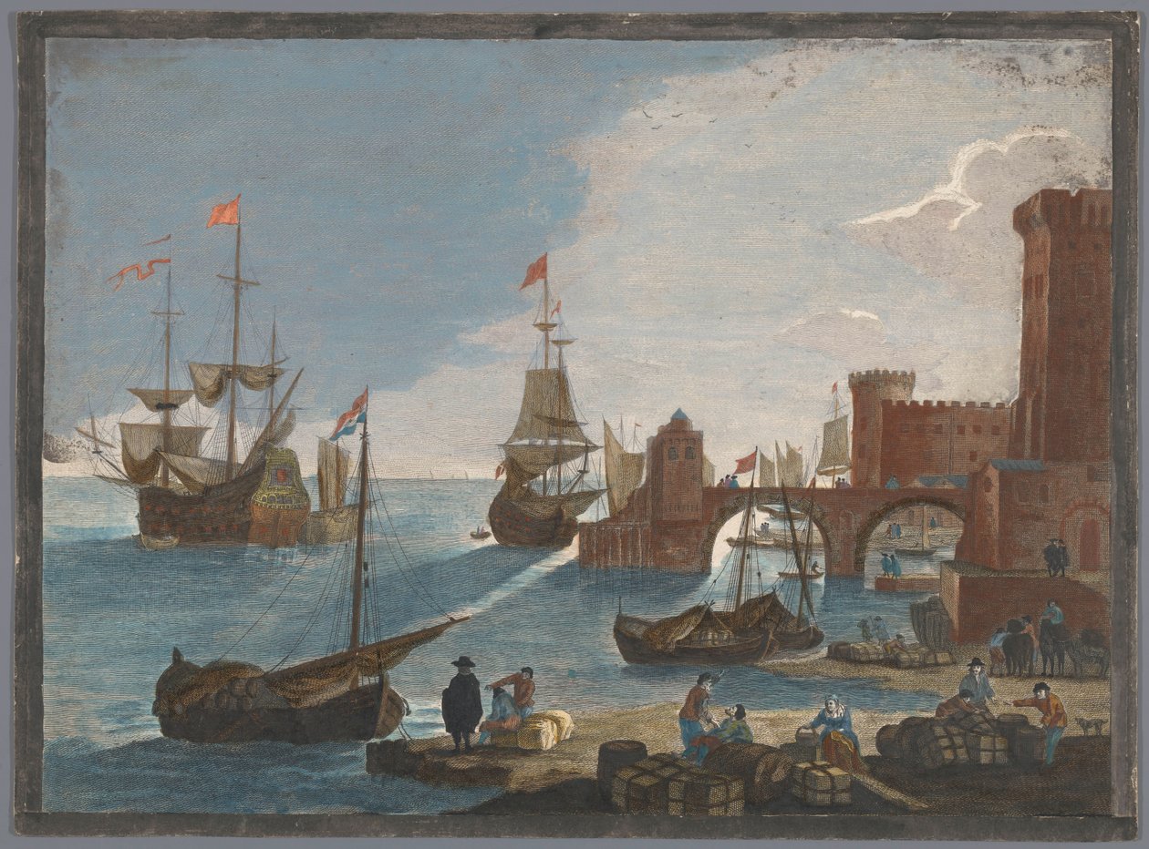 Kilátás egy tengeri kikötőre hajókkal és csónakokkal a vízen 11. Vüe ​​Maritime (cím a tárgyon) alkotó: Pierre François Basan