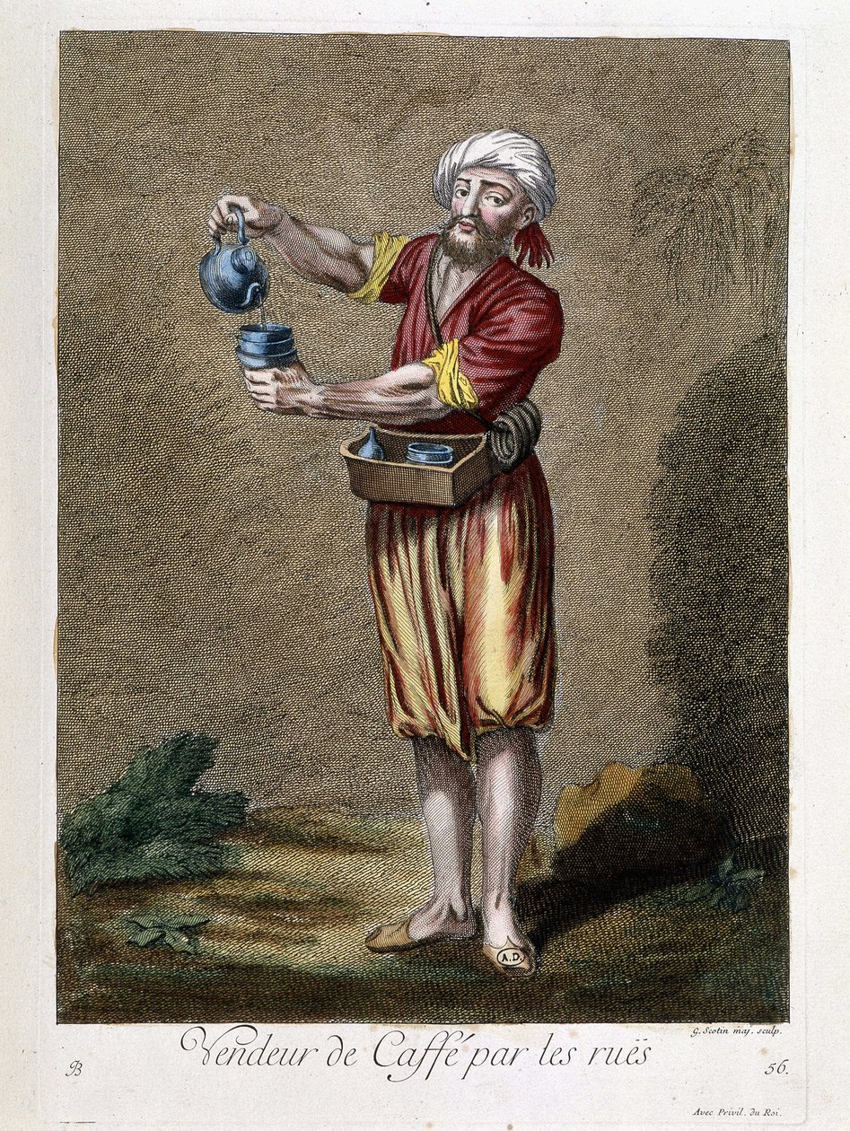 Kávéárus az utcán, „100 levente különböző nemzeteit ábrázoló gyűjtemény 1707-ben és 1708-ban”” M. de Frriol, a király portai nagykövetének parancsára, és 1712-13-ban frissítették M. Le Hay, Basan gravírozó, Par alkotó: Pierre François Basan