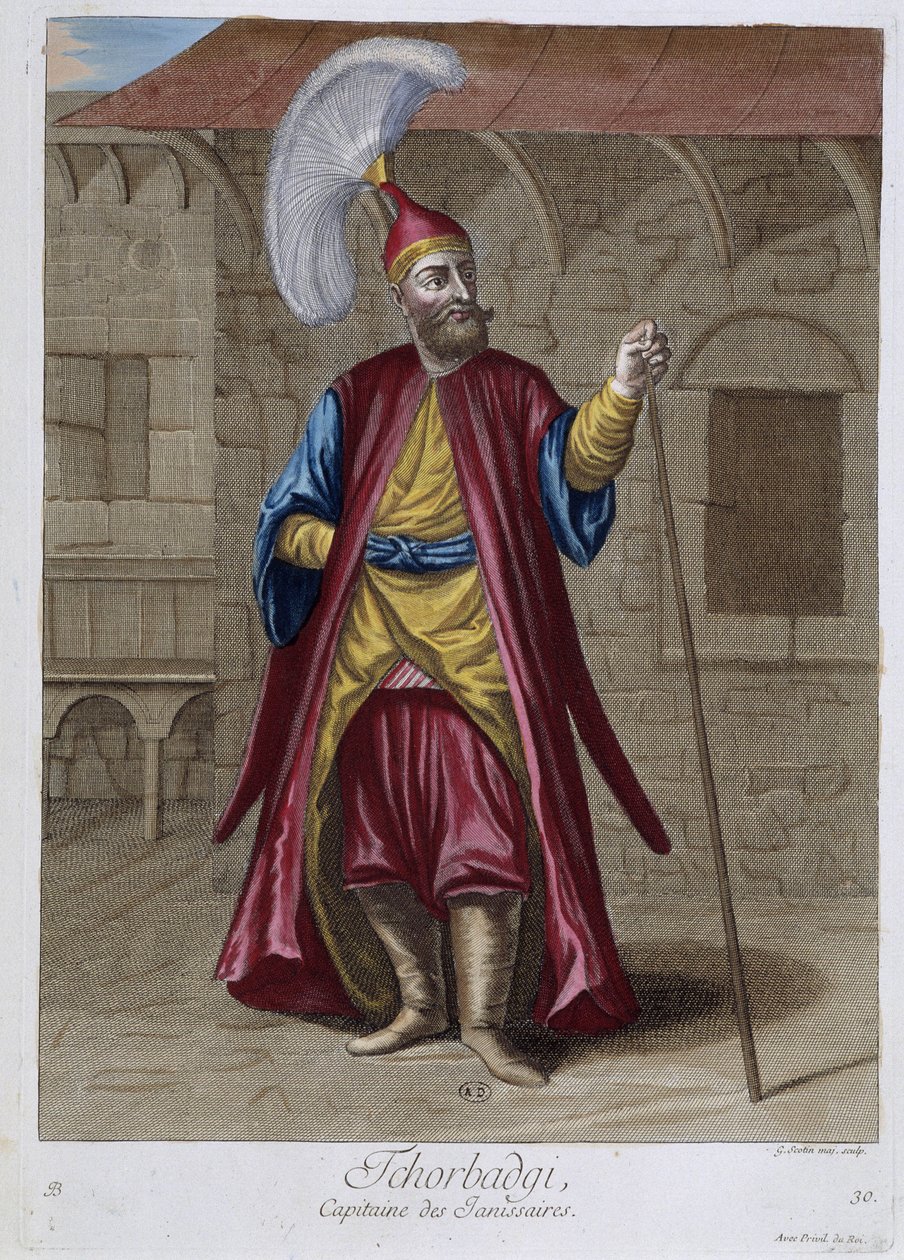 Tchorbadgi, a janicsárok kapitánya, „100 levente különböző nemzeteit ábrázoló gyűjtemény 1707-ben és 1708-ban”” M. de Frriol, a király portai nagykövetének parancsára, és 1712-1313-ban a gondossággal frissítették. M. Le Hay, Basan en alkotó: Pierre François Basan