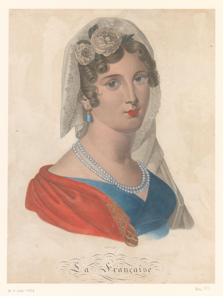 Francia nő kék drágakő fülbevalóval, fehér fátyollal és rózsákkal a hajában La Française (cím a tárgyon) alkotó: Pierre François Isidore Dècle