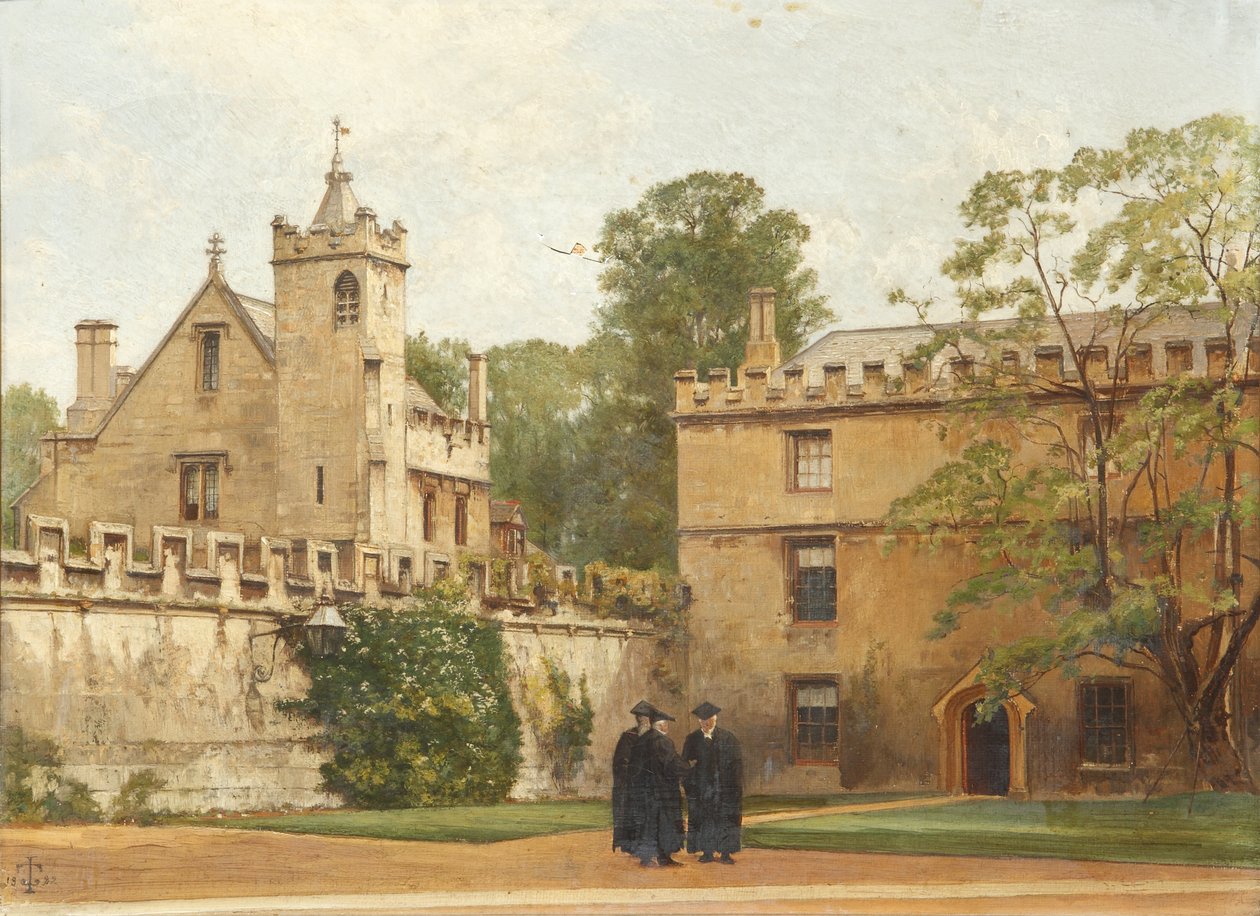 A Grammar Hall a St Johns Quadrangle-ból 1881-ben: Bulley elnök a szállások meghajtójában és két másik, 1881 alkotó: Pierre François Joseph Tonneau