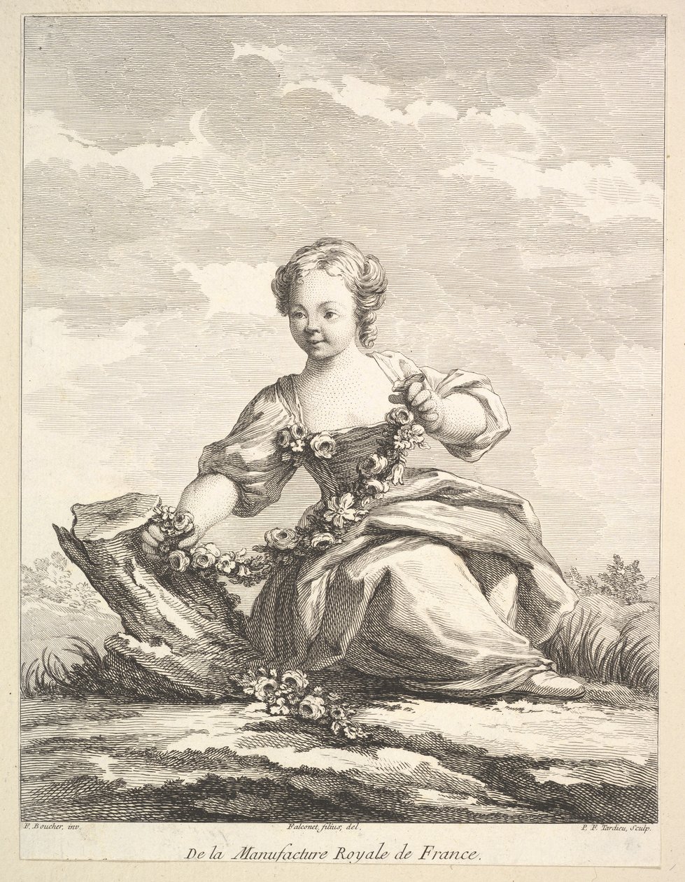 Virágfüzért tartó kislány, a Második Ábrák könyvéből a... után, 1757 után. alkotó: Pierre François Tardieu