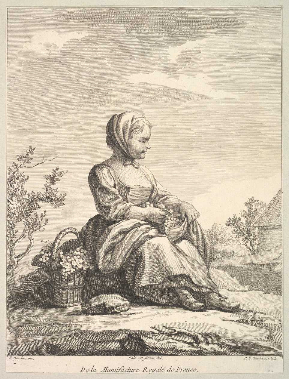 Szőlőt tartó kislány, oldalán kosárral, a Deuxième Livre de...-ből, 1757 után. alkotó: Pierre François Tardieu