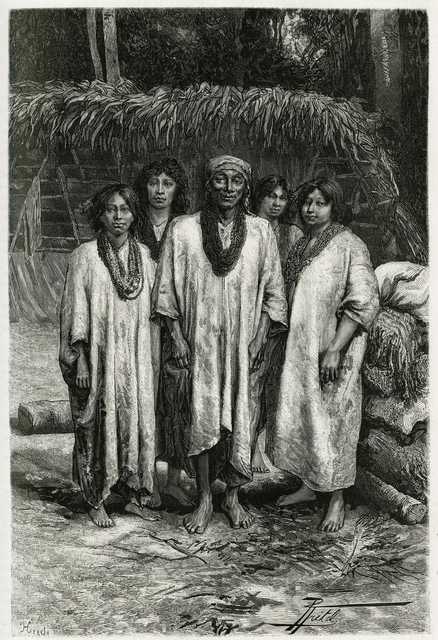 Chief Lacandon és Lacandon típusok, Maya emberek, akik Chiapas (Mexikó) dzsungelében élnek. P. Fritel metszet, a „” Utazás Yucatánba és a Lacandonok földjére” című történet illusztrálására 1882-ben, Desire Charnay (1828-1915) régész és fotós alkotó: Pierre Fritel