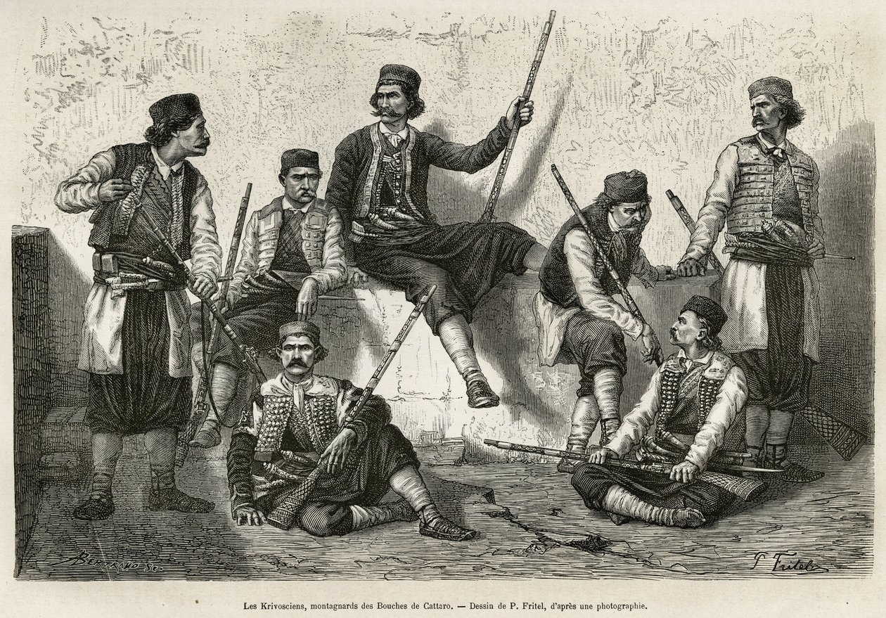 A Krivosciánusok, a Bouches de Cattaro (vagy Kotori öböl, Montenegró nyugati partján fekvő öböl) hegymászói fegyverek, hogy ellenálljanak az osztrák csapatok betolakodó erejének. Metszet P. Fritel rajza után, a dalmáciai utazás illusztrálására, C. alkotó: Pierre Fritel