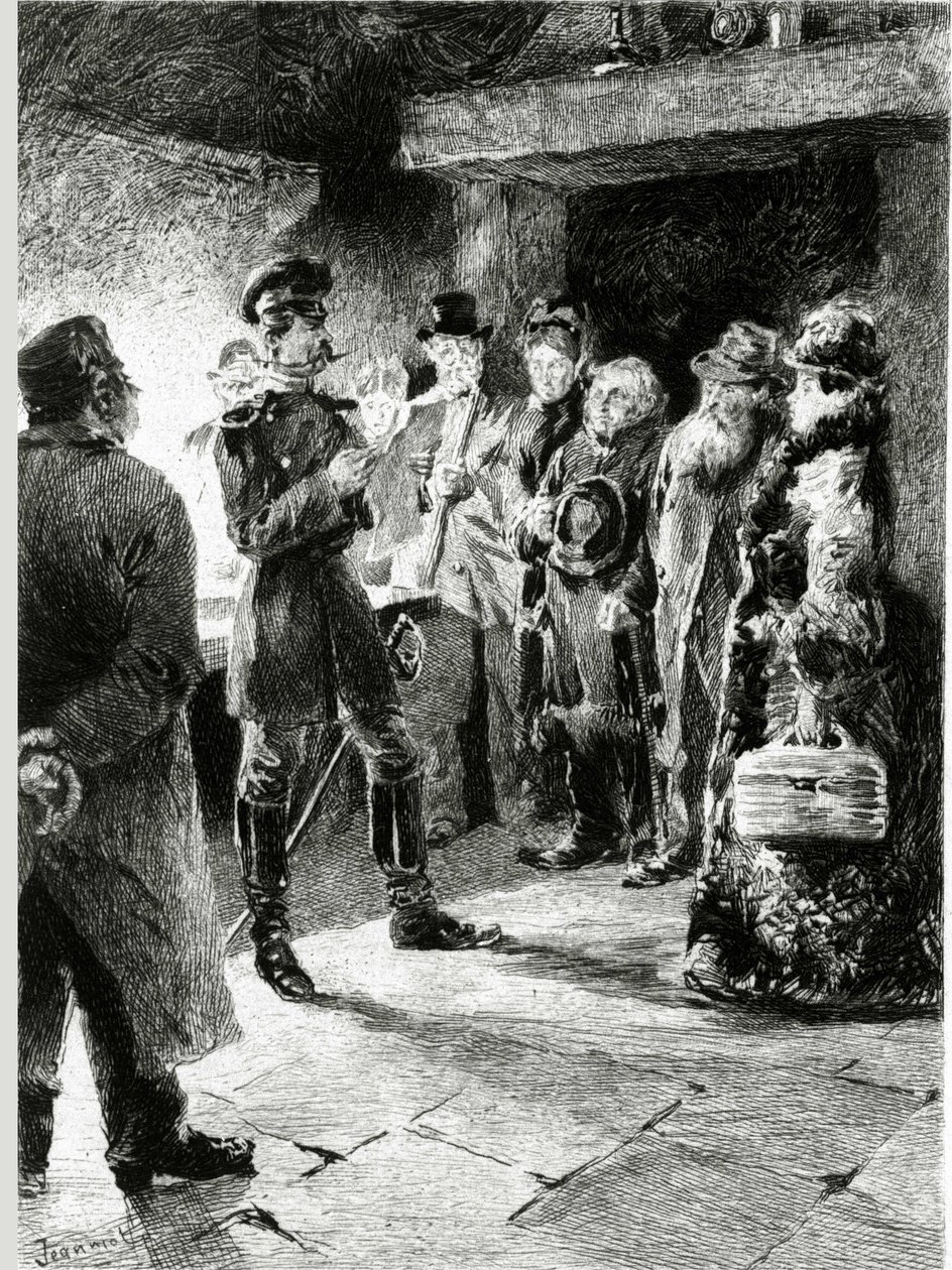 Egy német tiszt Boulle de tallow-t kéri cserébe az összes utas szabadságáért, akiket letartóztattak a szorgalom során. Guy de Maupassant (1850-1893) "" Faggyúgolyó" -ban. Illusztráció: P. G. Jeanniot (1848-1934). Megjelent Ollendorff i alkotó: Pierre Georges Jeanniot