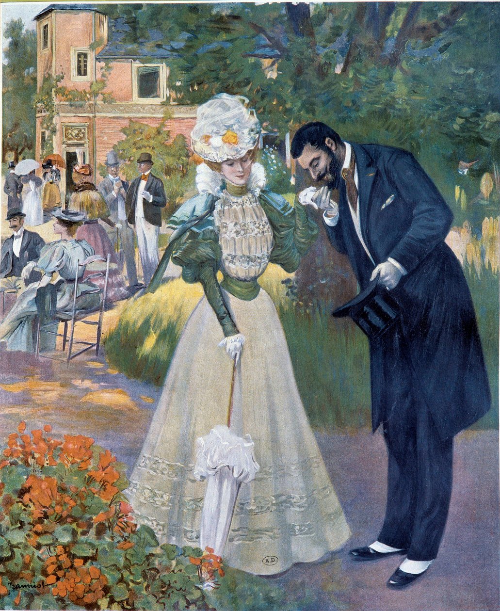 Belle epoque: „Kézi szex”: egy férfi fogadáson egy nőt köszön. Jeanniot-illusztráció a „” Le Figaro illustrious”-hoz. A 20. század eleje Párizs, Dekoratív művészetek alkotó: Pierre Georges Jeanniot
