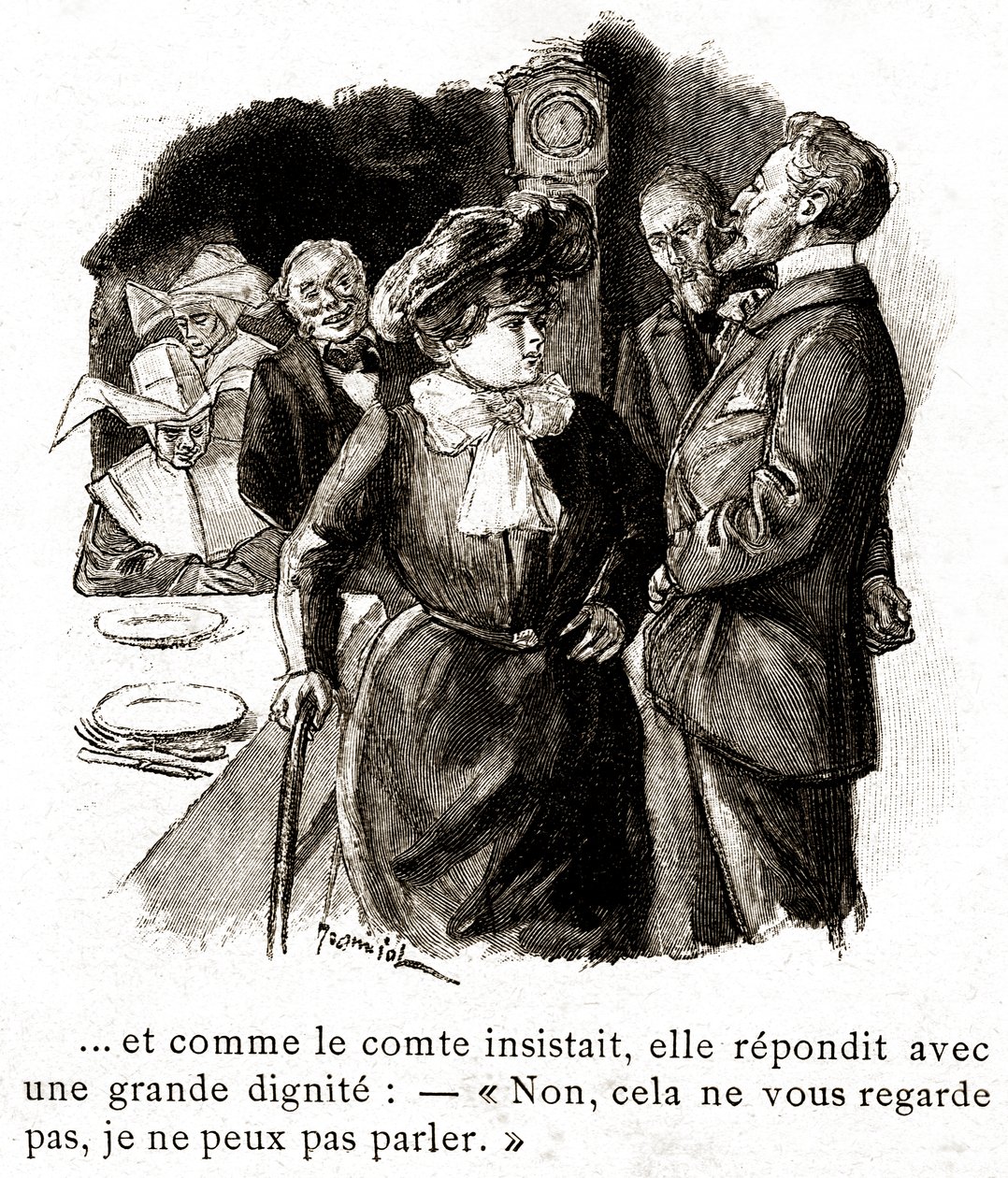 "Boule de Suif": Elisabeth Rousset nem válaszol a grófnak, 20. század eleje (illusztráció) alkotó: Pierre Georges Jeanniot