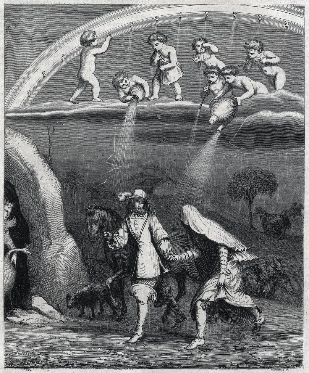 Enee-t és Didont meglepte az eső az erdőben. Paul Scarron (1610-1660) „Vergilius transzvesztita” illusztrációja, a „L