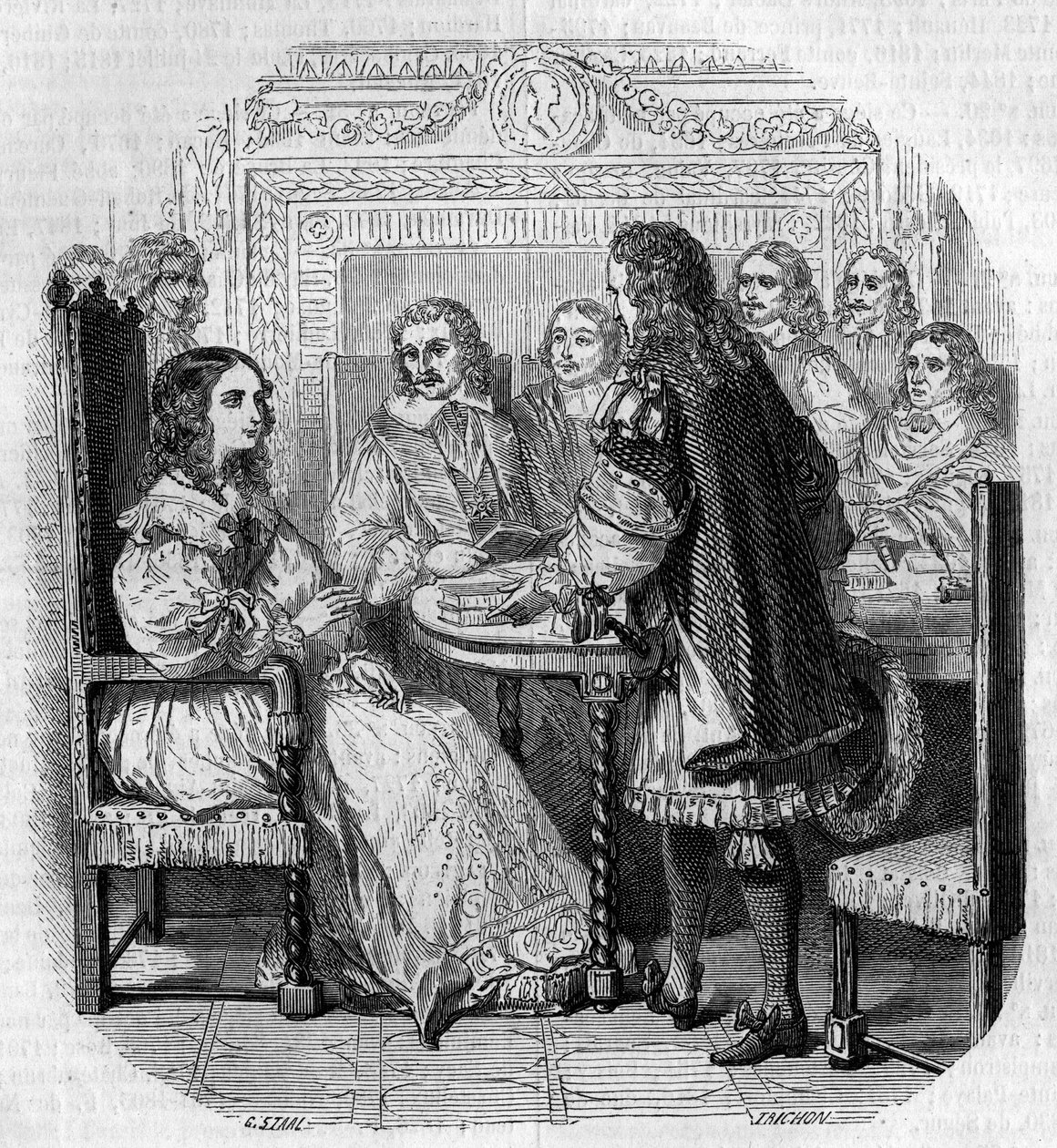 Suede Christine királynő (1626-1689) látogatása a párizsi Academy Francaise-ben Richelieu bíboros jelenlétében, G. Staal metszete alkotó: Pierre Gustave Eugene Staal