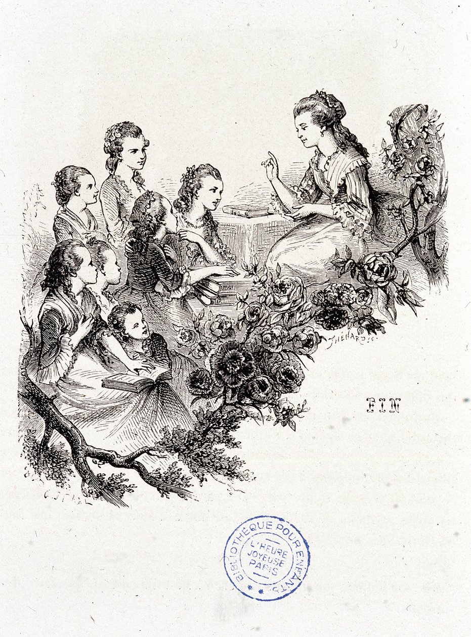 Fiatal házvezetőnő mesél egy csoport gyereknek - Leprince de Beaumont asszony „Le magasin des enfants” című művében, ill. Staal, Garnier alkotó: Pierre Gustave Eugene Staal