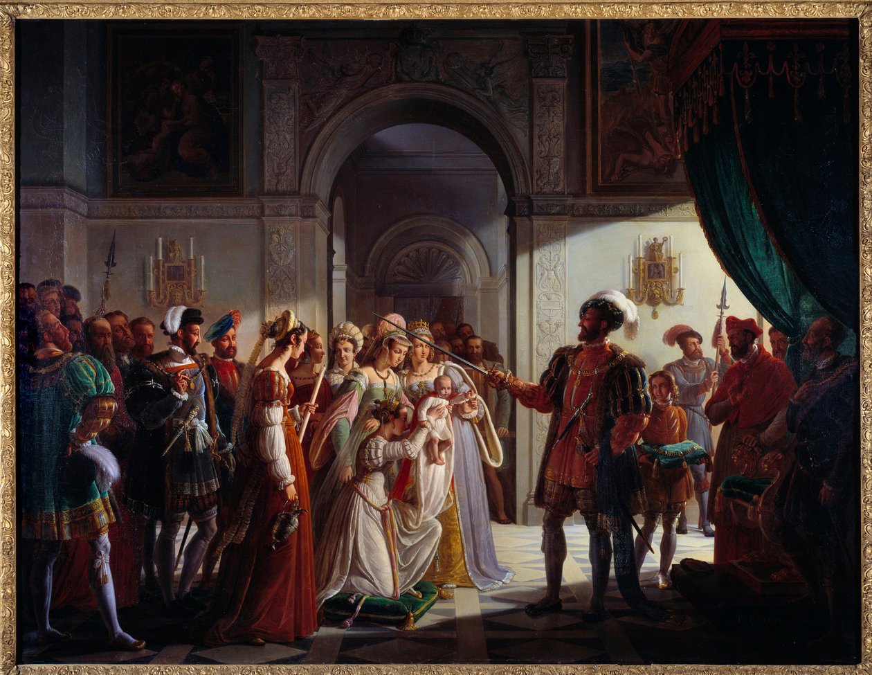 I. Ferenc (1494-1547) felfegyverzett lovag, unokája II. Francois (1544-1560). Az ifjú herceget szülei II. Henrik (1519-1559) és Medici Katalin (Caterina de Medici) (1519-1589) kísérik. Pierre Henri Revoil (1776-1842) festménye alkotó: Pierre Henri Revoil