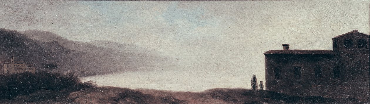 Nemi-tó az esőben (olaj, papír, a kártyára rögzítve) alkotó: Pierre Henri de Valenciennes