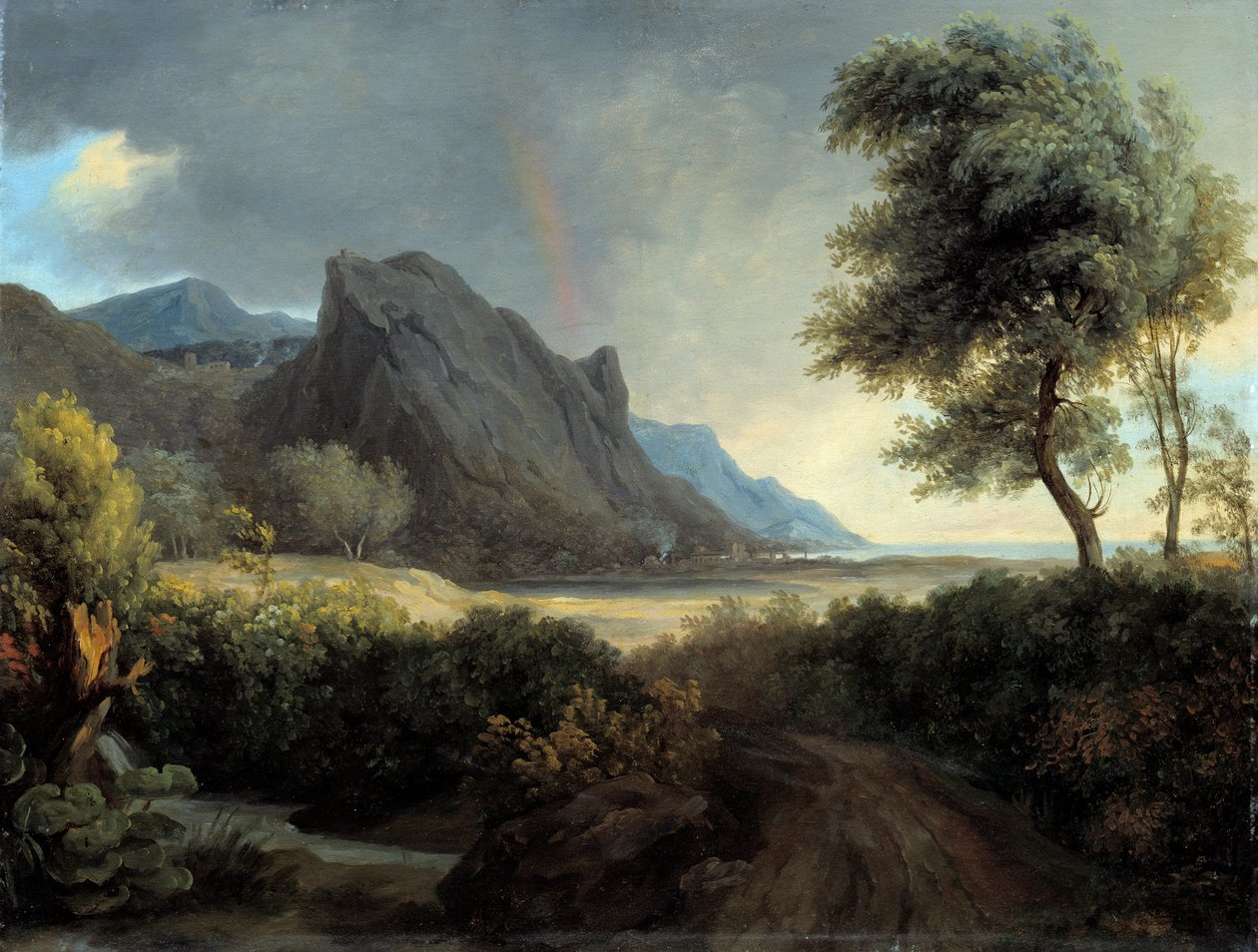 Hegyvidéki táj, amelyet a tenger mosott. Szivárvány. - Pierre de Valenciennes (1750-1819) 19. század V. 0,4x0,53 m alkotó: Pierre Henri de Valenciennes