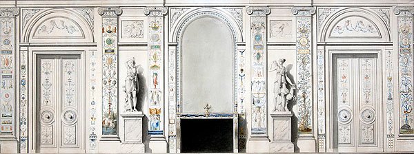Szalontervezés (kréta, tus, akvarell és testfesték papíron) alkotó: Pierre II Rousseau